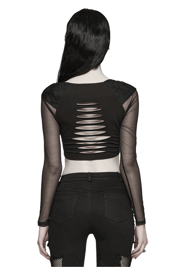 Crop Top Black with Mesh Sleeves and Skull Buckle